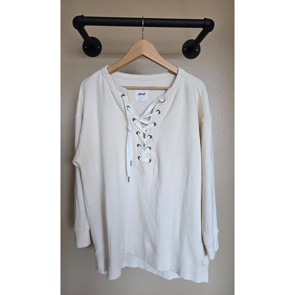 Aerie Lace Up Oversized  Sweatshirt Cream women's size small - Picture 1 of 10